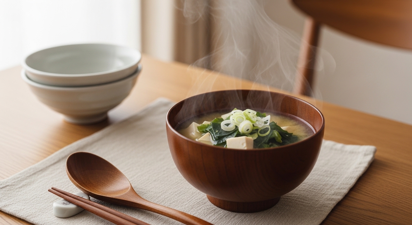 Miso and a ceramic soup bowl in a calm Japanese kitchen setting