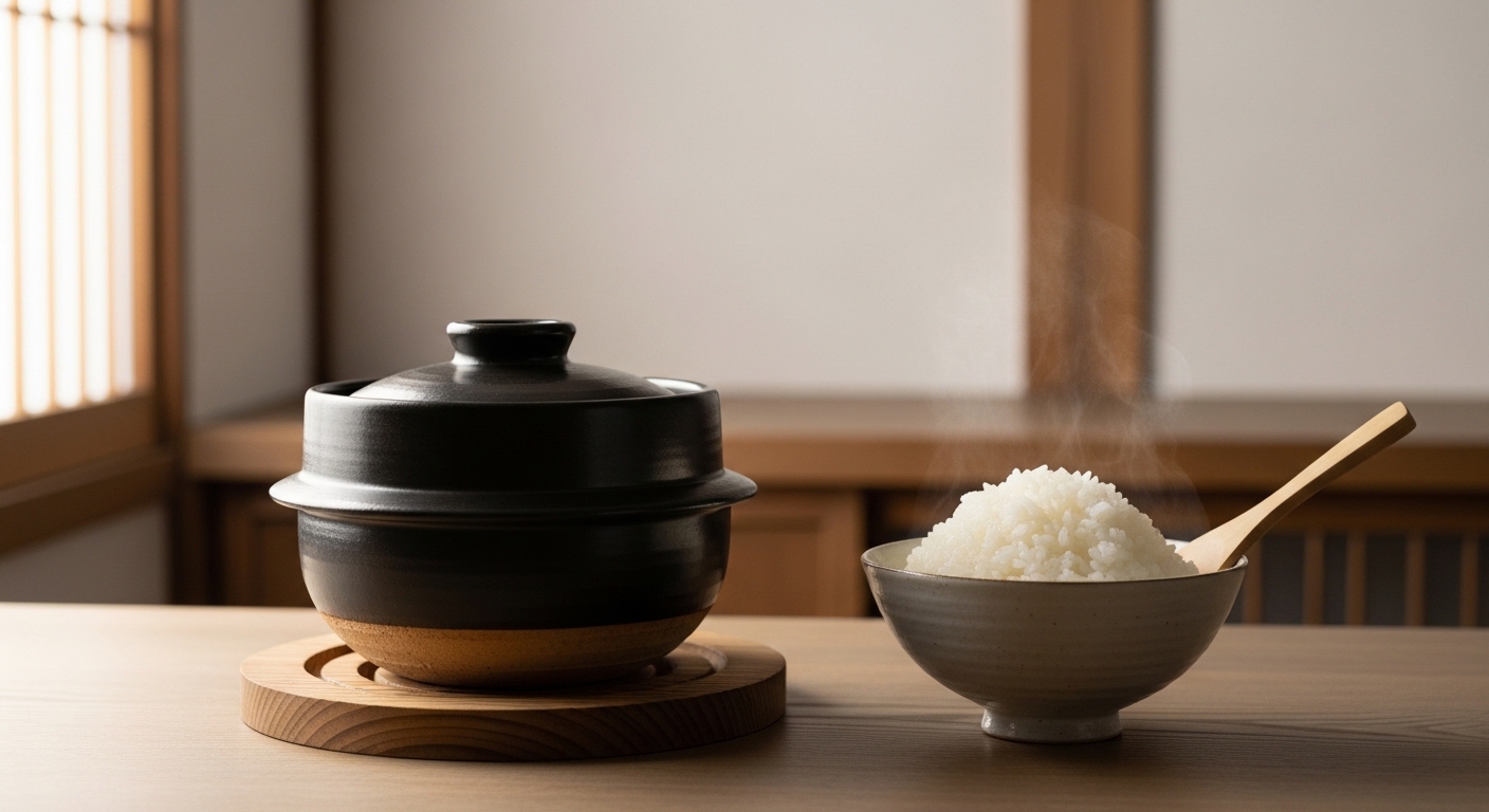 Japanese donabe clay pot with freshly cooked rice in a calm home kitchen