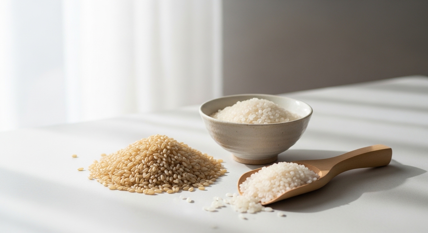 Brown rice and freshly milled rice in a calm Japanese kitchen setting