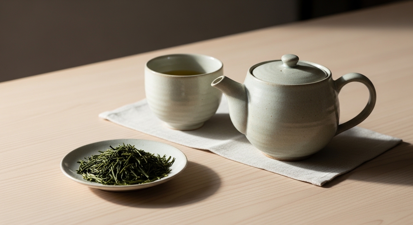 Japanese green tea in a ceramic cup with loose tea leaves on a wooden table