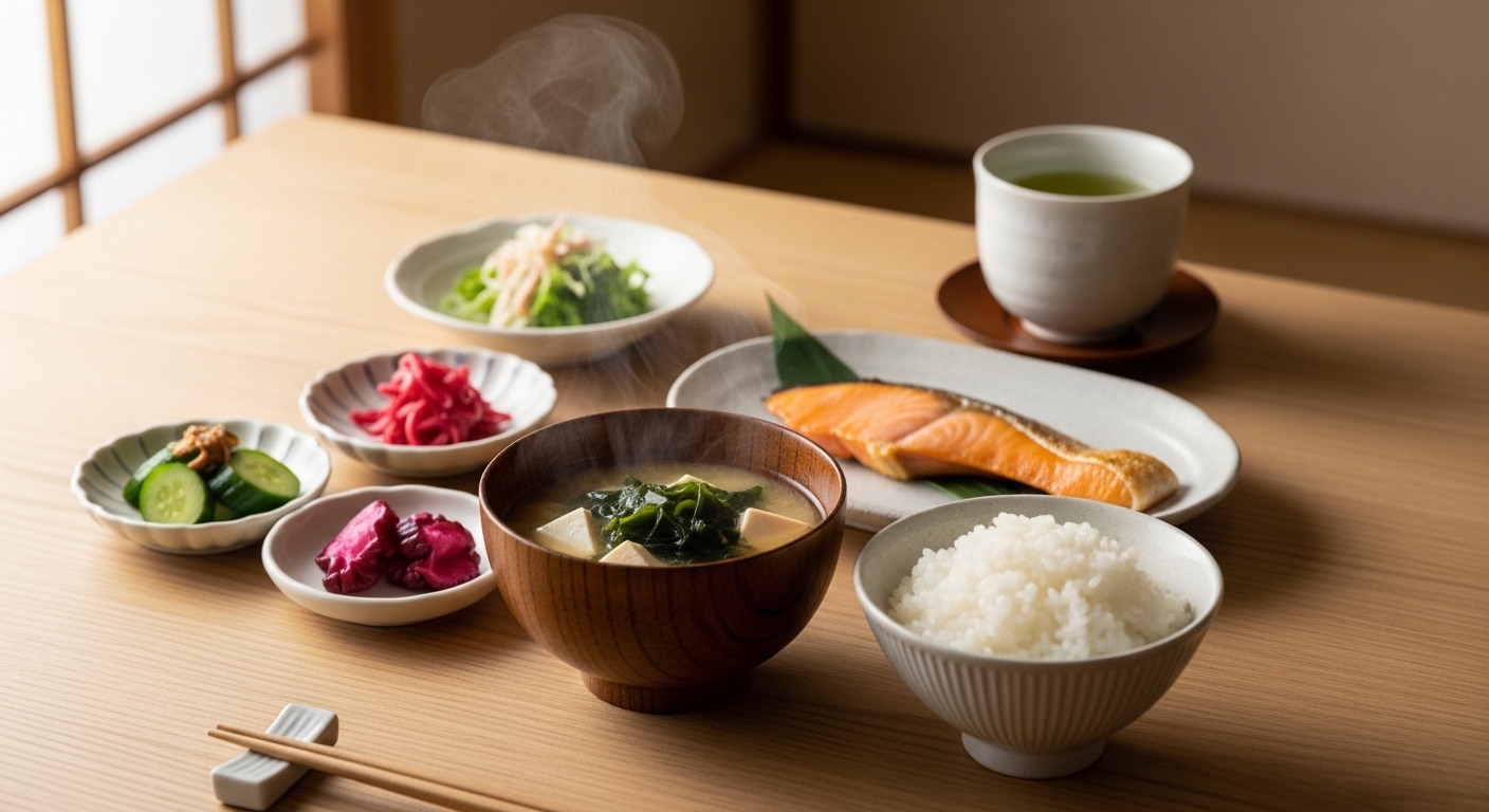 Traditional Japanese breakfast with miso soup, rice, grilled fish, pickles, and tea on a wooden table