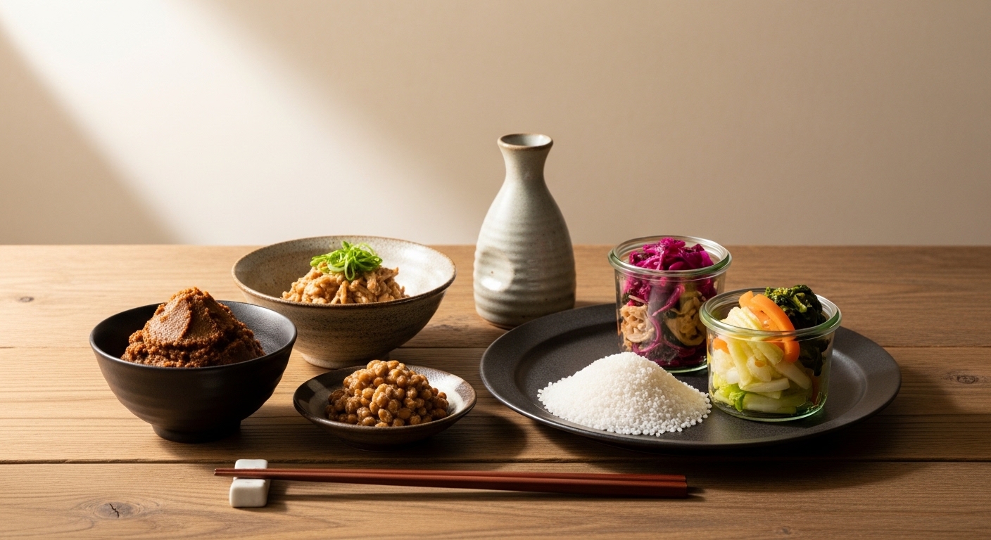 Traditional Japanese fermented foods including miso, natto, koji, pickles, and soy sauce on a wooden table