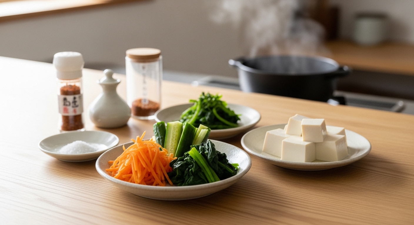 Japanese home-cooked meal with miso soup, rice, grilled fish, tofu, vegetables, and tea on a wooden table