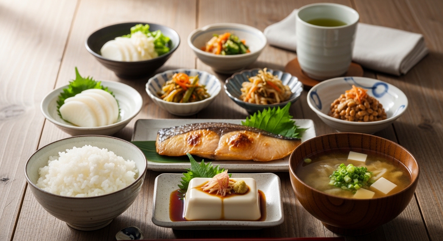 Japanese longevity meal with rice, miso soup, grilled fish, tofu, vegetables, and green tea on a wooden table