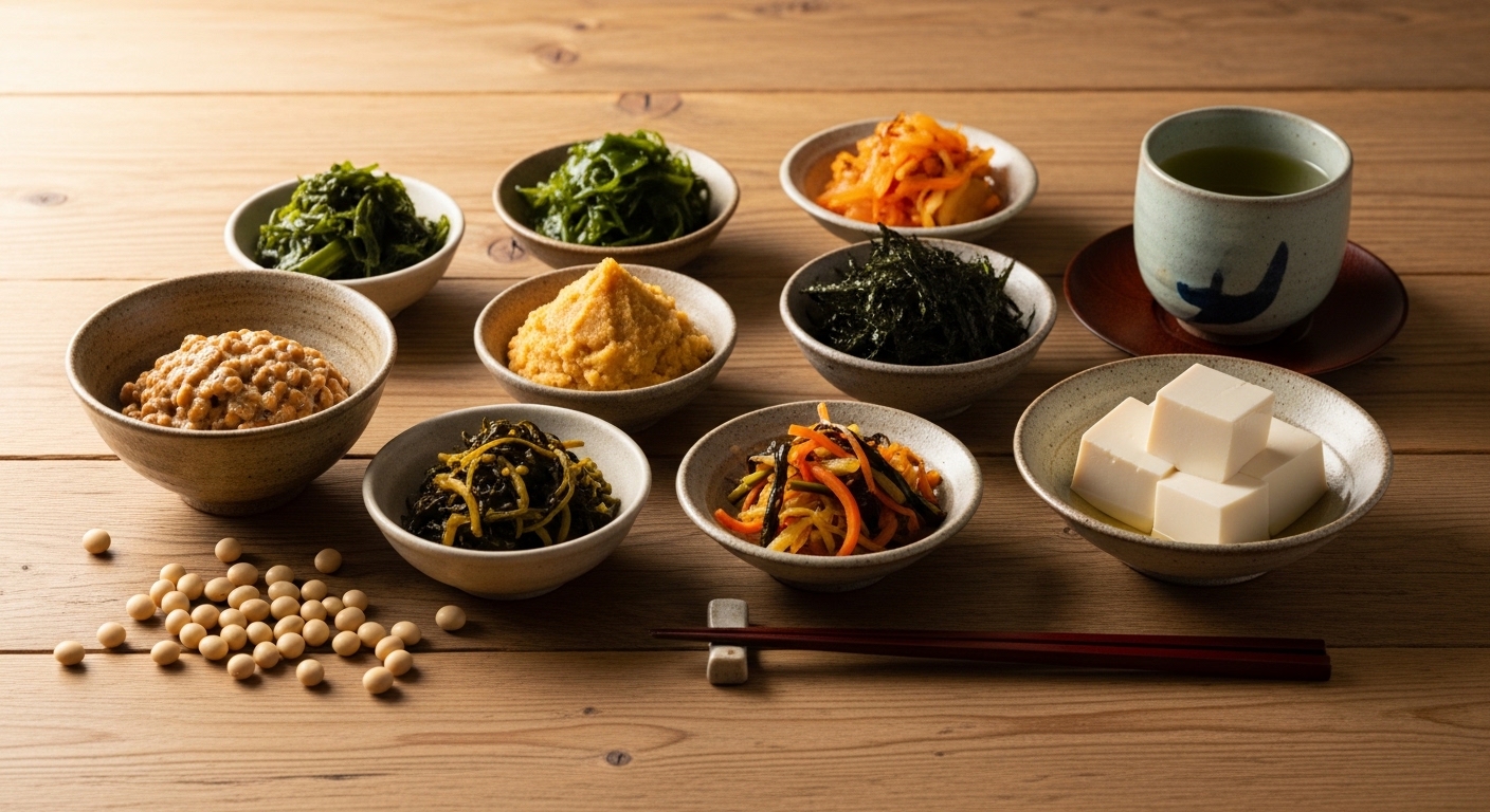 Traditional Japanese longevity foods including natto, miso, seaweed, tofu, green tea, and grilled fish on a wooden table