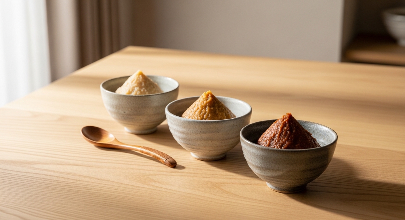 Three types of Japanese miso paste in small bowls on a light wooden table
