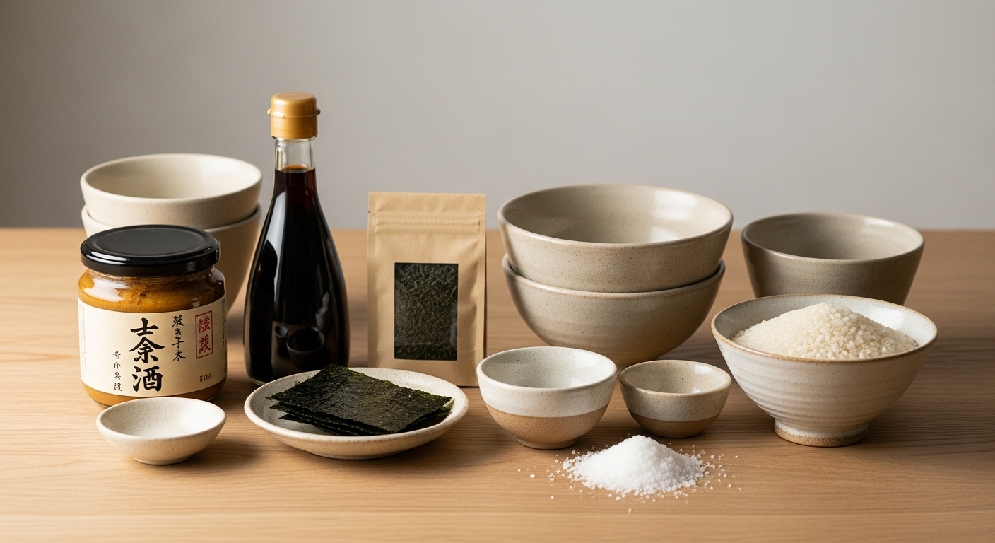 Japanese pantry essentials including miso, soy sauce, rice, seaweed, green tea, and natural sea salt on a wooden table