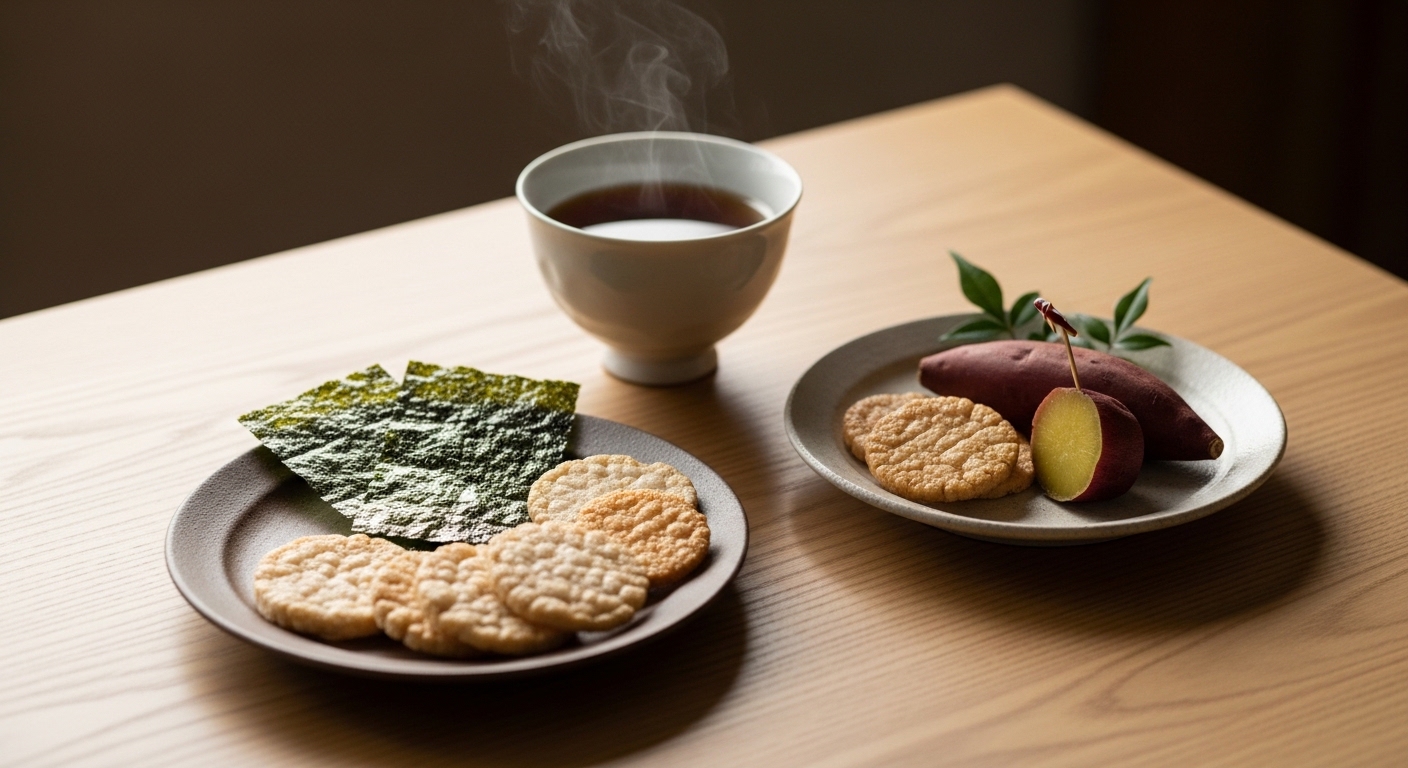 Japanese snacks including rice crackers, roasted seaweed, sweet potato treats, and hojicha tea on a wooden table