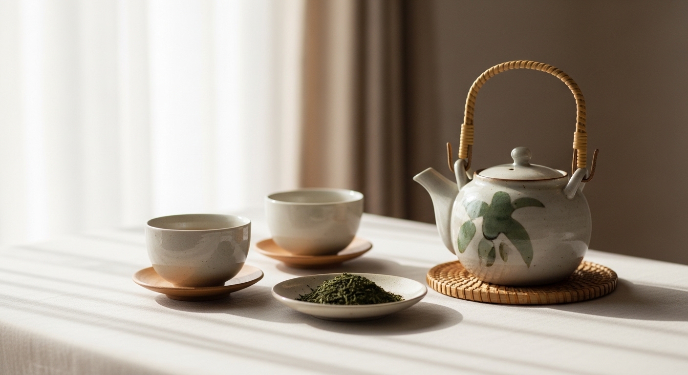 Japanese teapot and teacups with loose tea leaves in a calm home setting