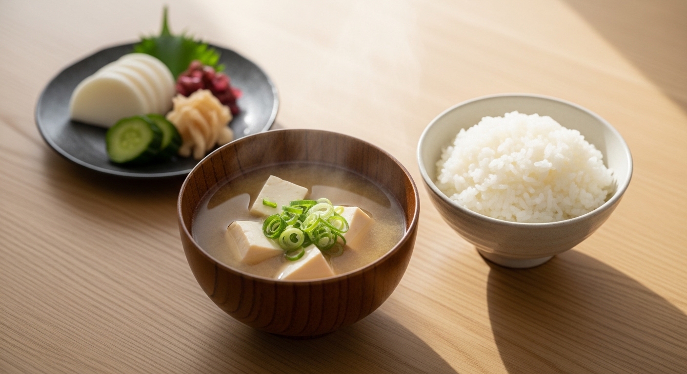 Japanese miso soup with tofu and scallions served with rice and pickles on a light wooden table