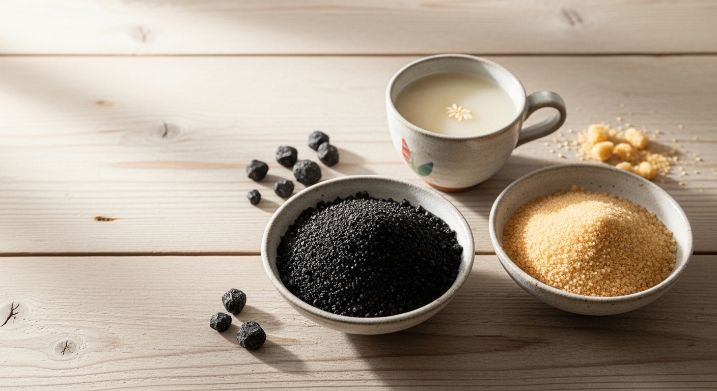 Japanese natural sweeteners including kokuto, unrefined cane sugar, and amazake on a wooden table