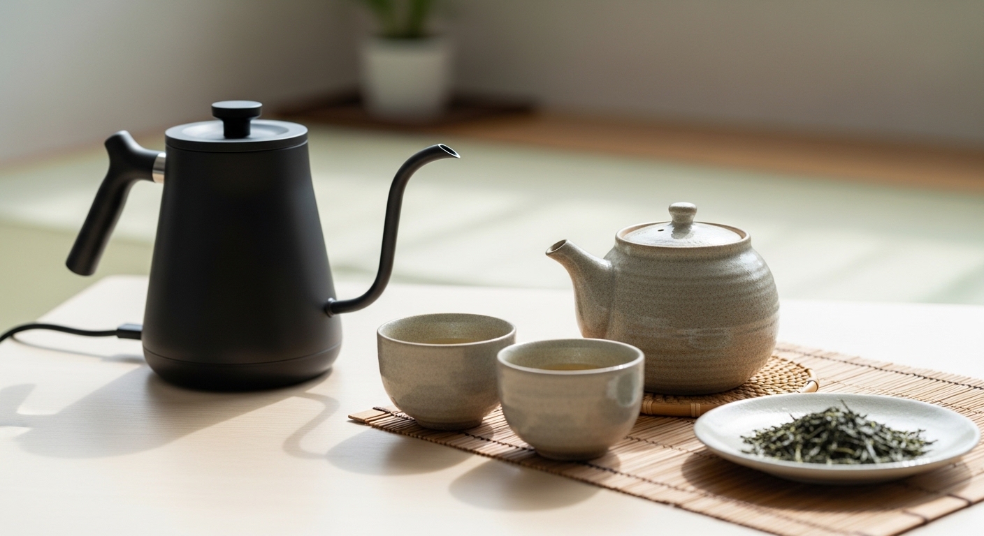 Electric kettle and Japanese tea set in a calm home setting