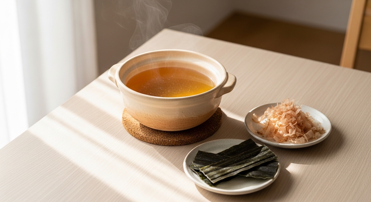 Japanese dashi broth with kombu and bonito flakes on a light wooden table
