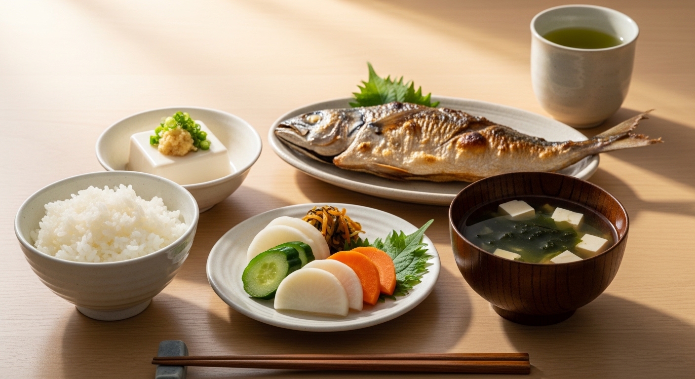 Traditional Japanese home-style meal with rice, miso soup, grilled fish, tofu, vegetables, and green tea